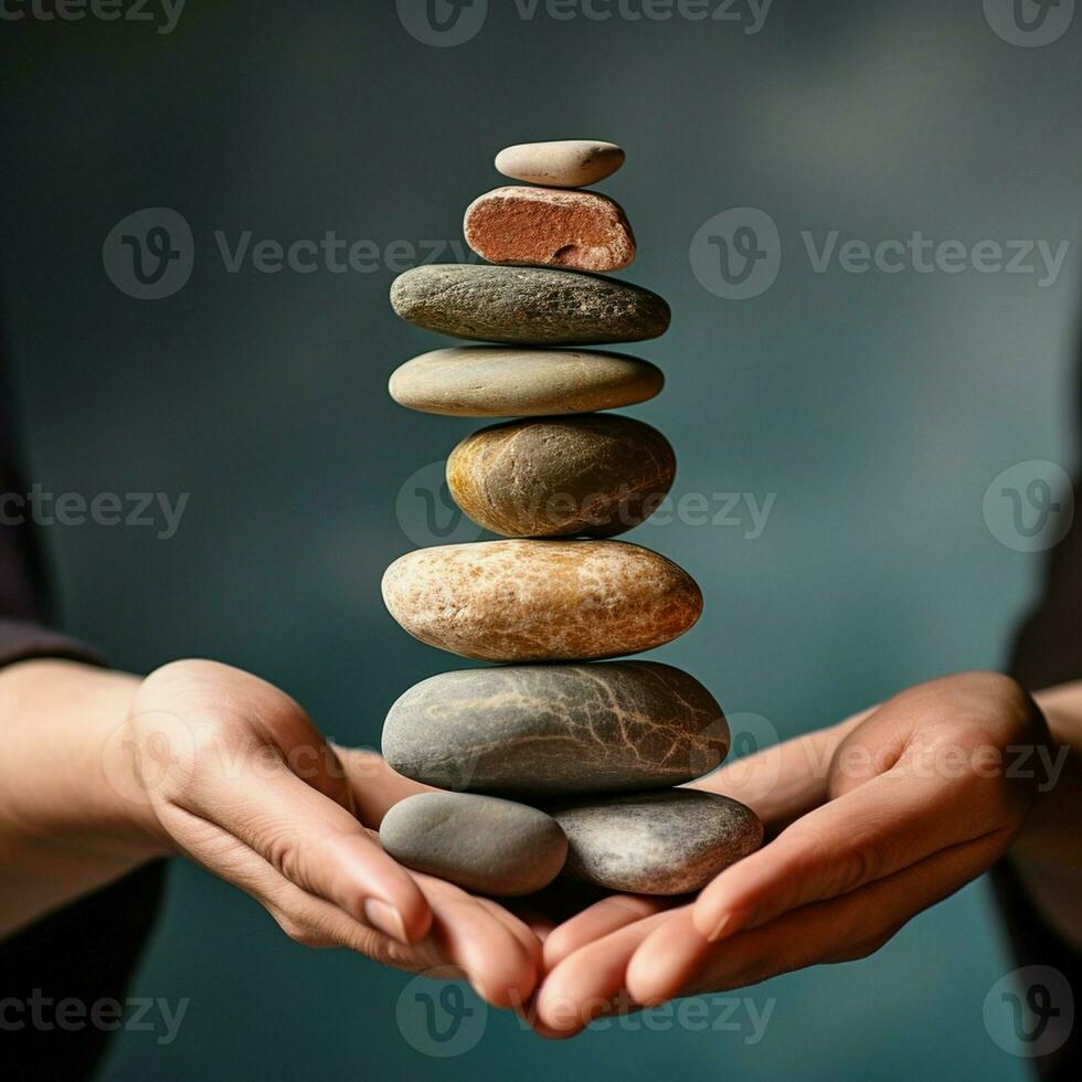 sterk atletisch hand- Holding een stapel van stenen in evenwicht. krijgen de balans concept. foto
