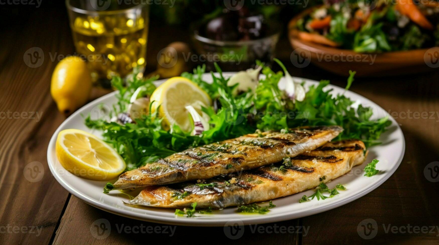 gegrild sardines met salade, brood en aardappel, Portugal luxe achtergrond foto