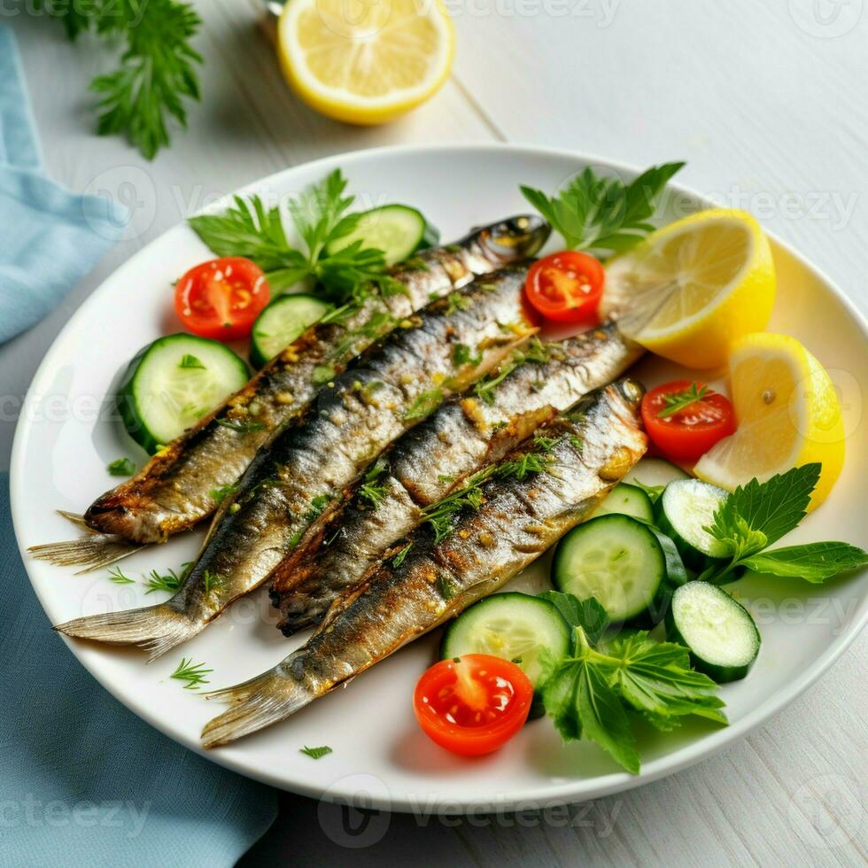vers gegrild sardines geserveerd met vers tomaten, komkommers plakjes en citroen Aan wit bord voor middellandse Zee gezond maaltijd foto