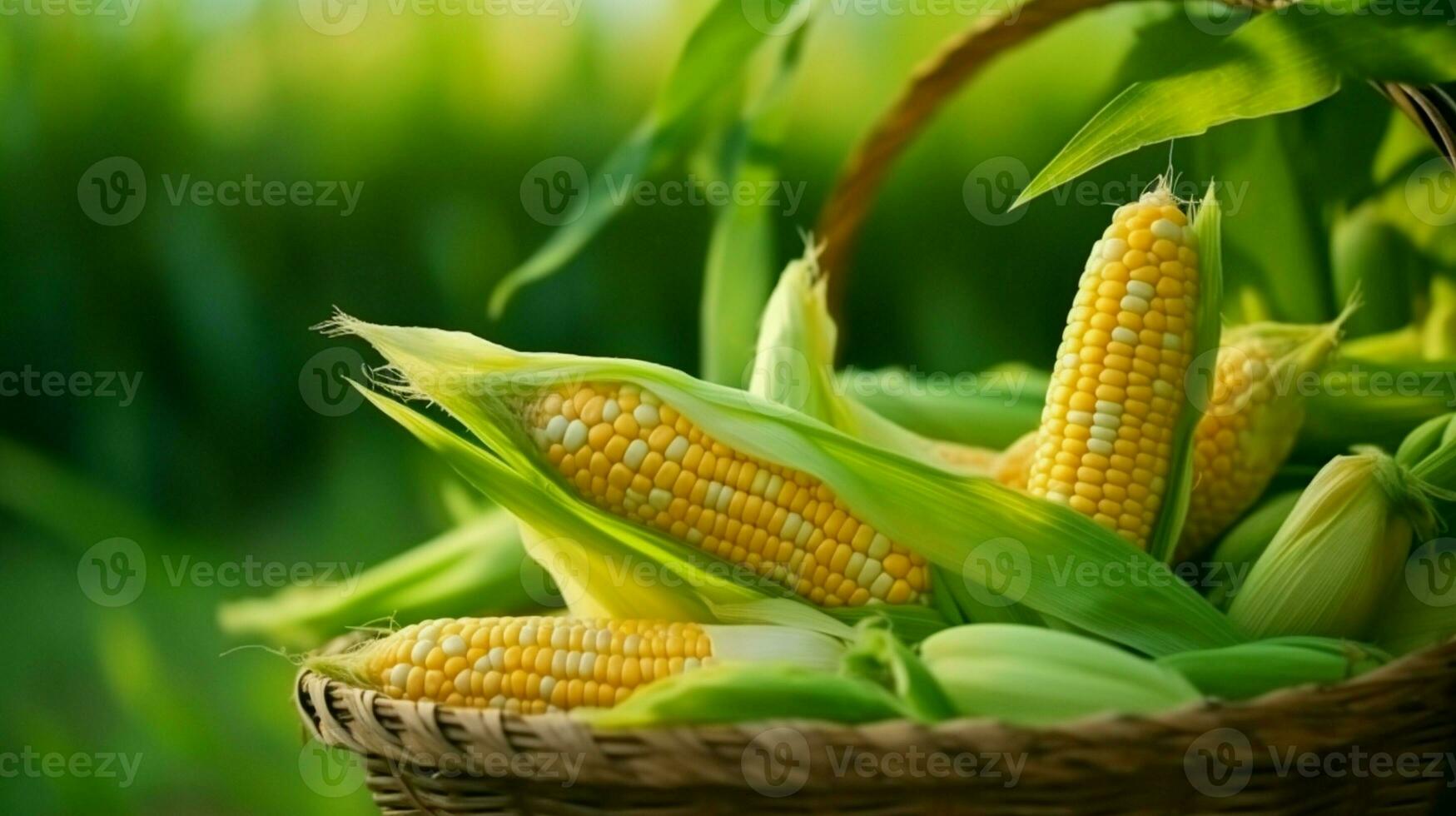 oren van rijp maïs in een mand Aan een achtergrond van groen gras. detailopname schot. concept van landbouw en productie van natuurlijk ecologische producten. foto