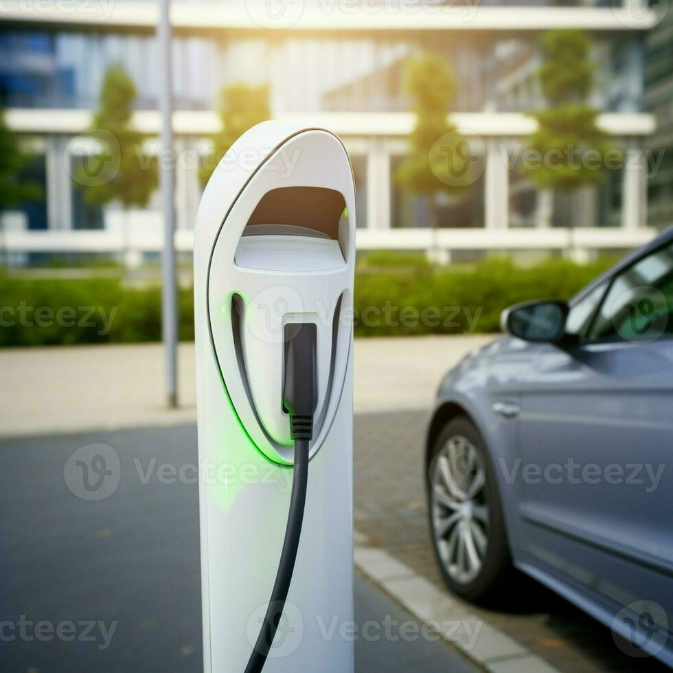 eco macht is een elektrisch voertuig opladen station dat benodigdheden macht kabels, bevorderen groen energie en de ev auto concept. foto