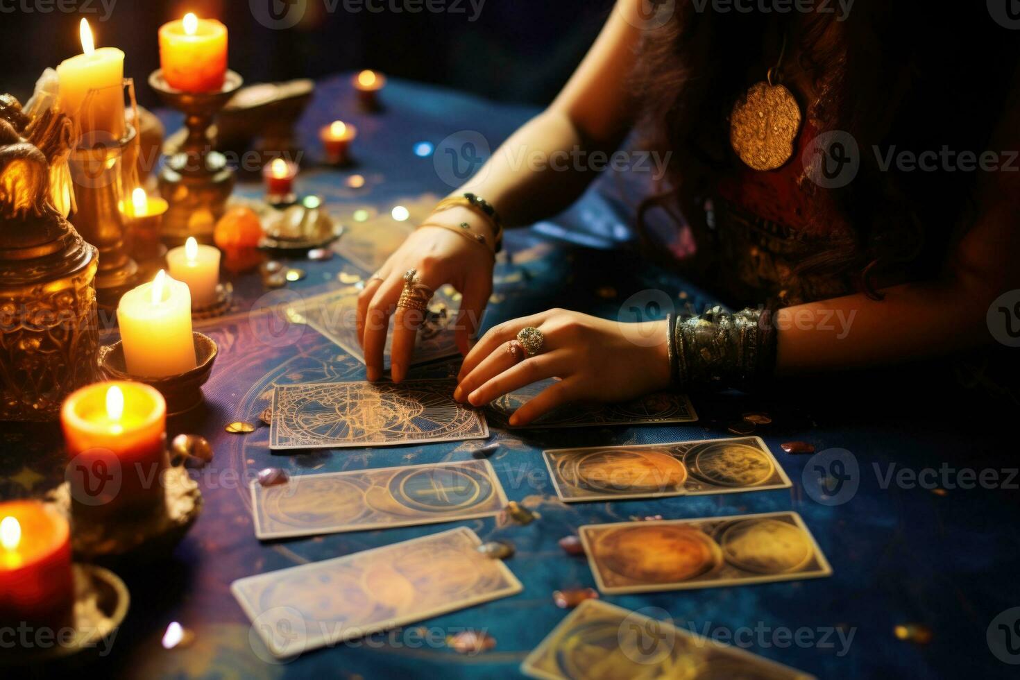 fortuin teller leest tarot kaarten. generatief ai foto