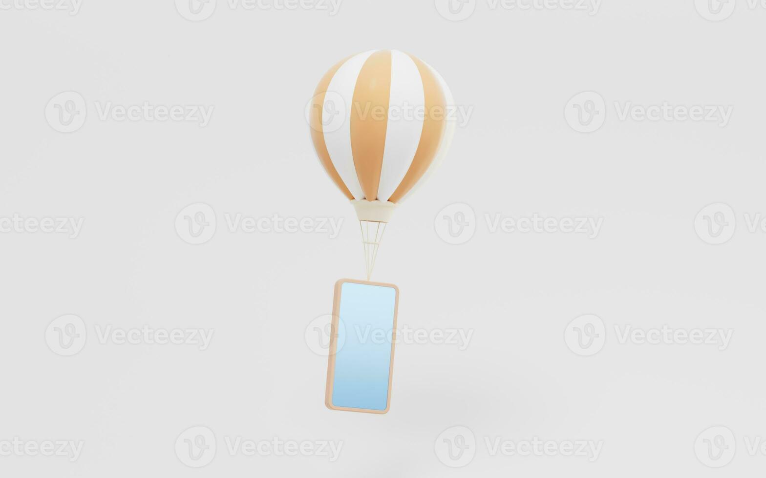heet lucht ballon en telefoon met wit achtergrond, 3d weergave. foto