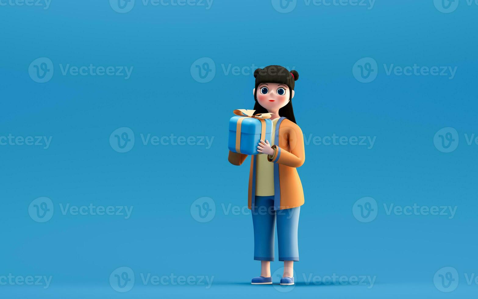 een Chinese meisje en cadeaus met blauw achtergrond, 3d weergave. foto