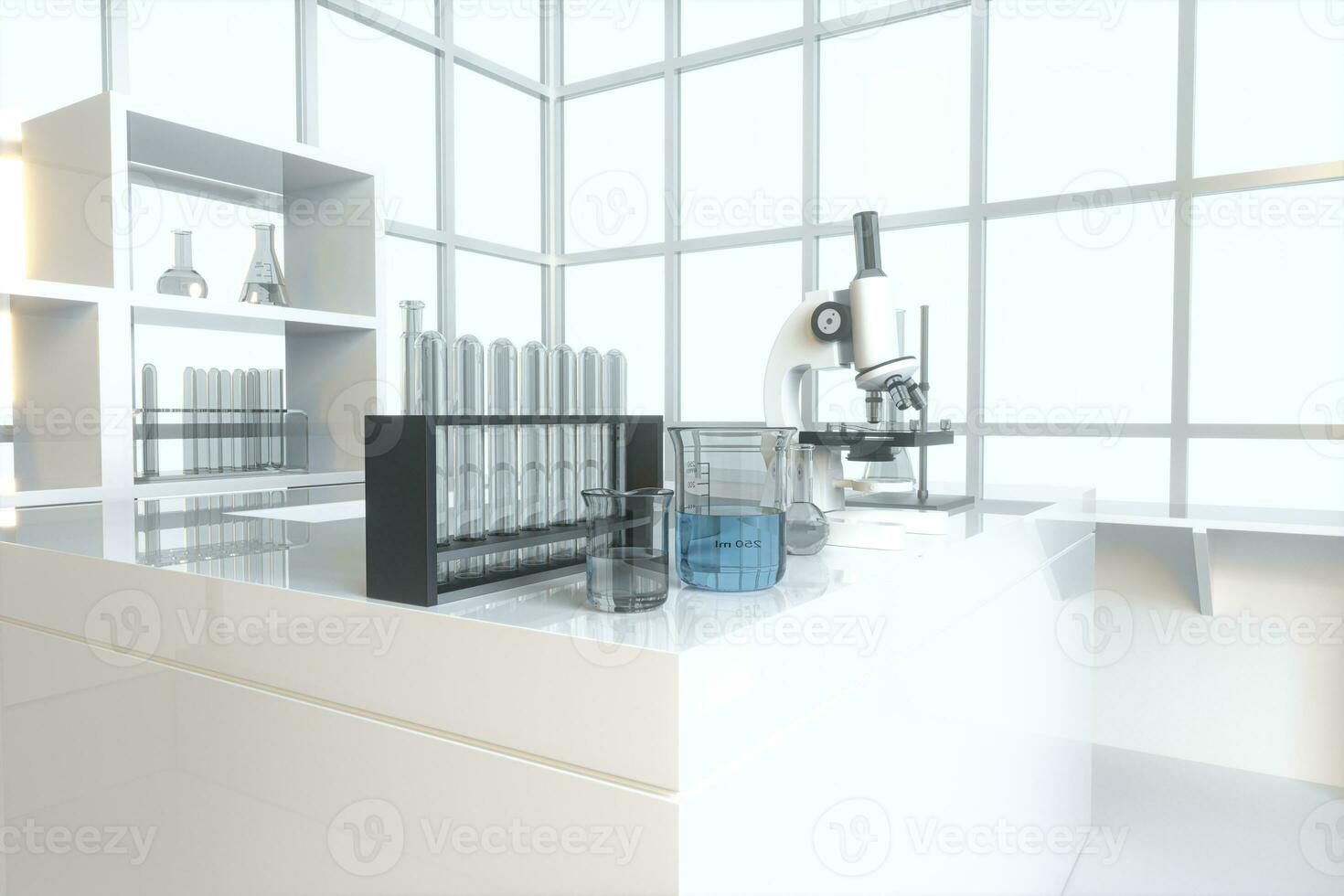 experimenteel inrichting met een leeg laboratorium, wit achtergrond,3d weergave. foto
