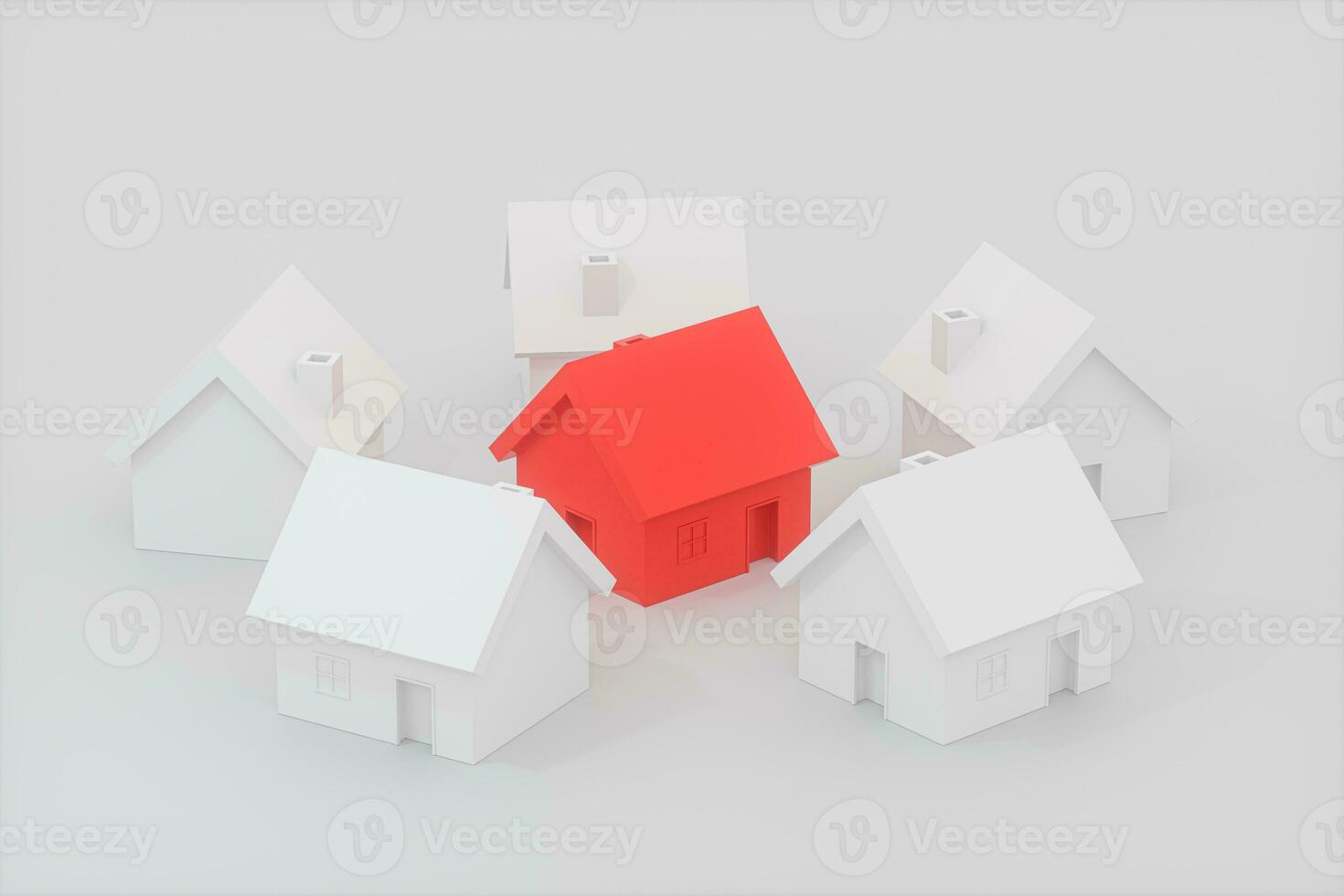 een klein rood huis model- omringd door de wit huizen, 3d weergave. foto