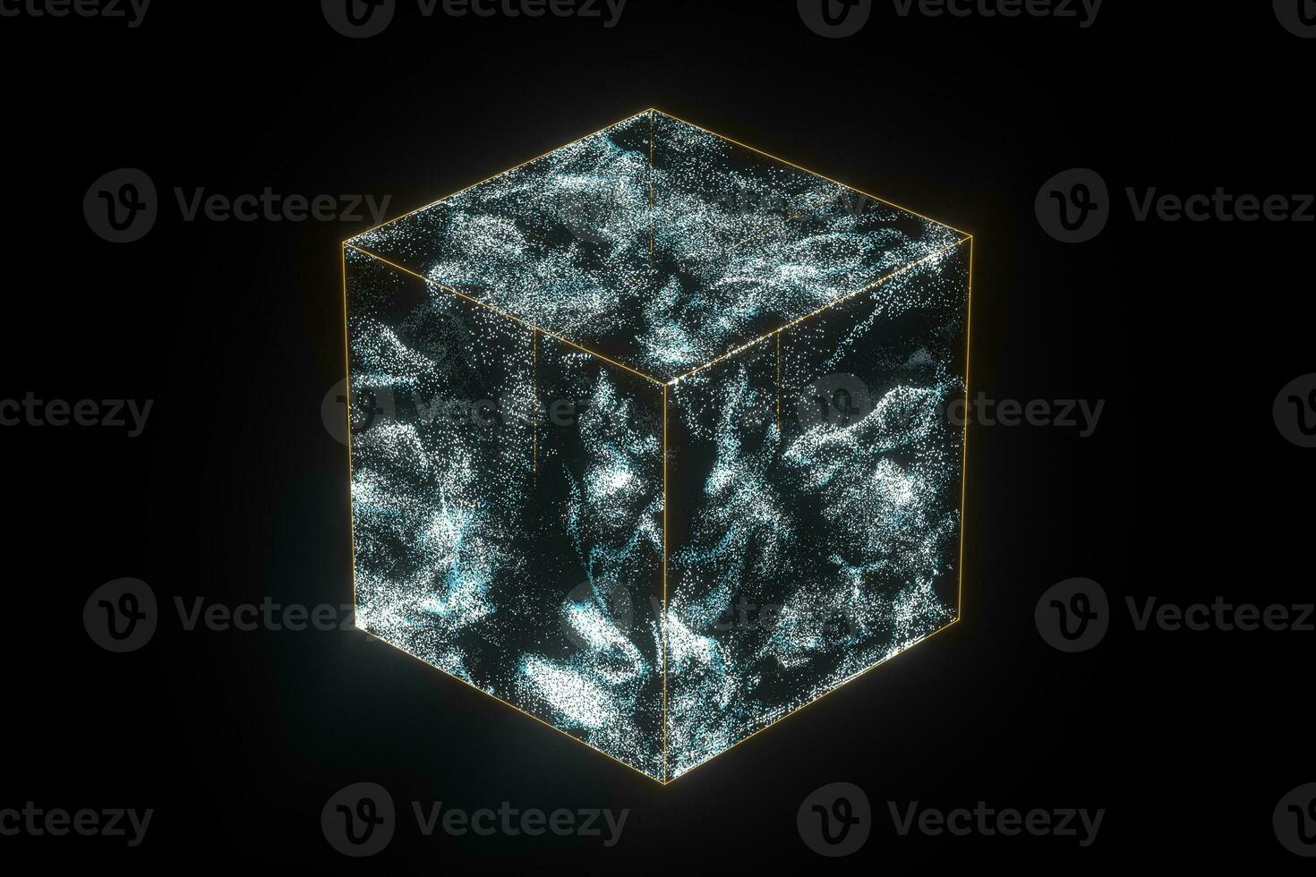 glas kubus met gloeiend deeltjes binnen, 3d weergave. foto