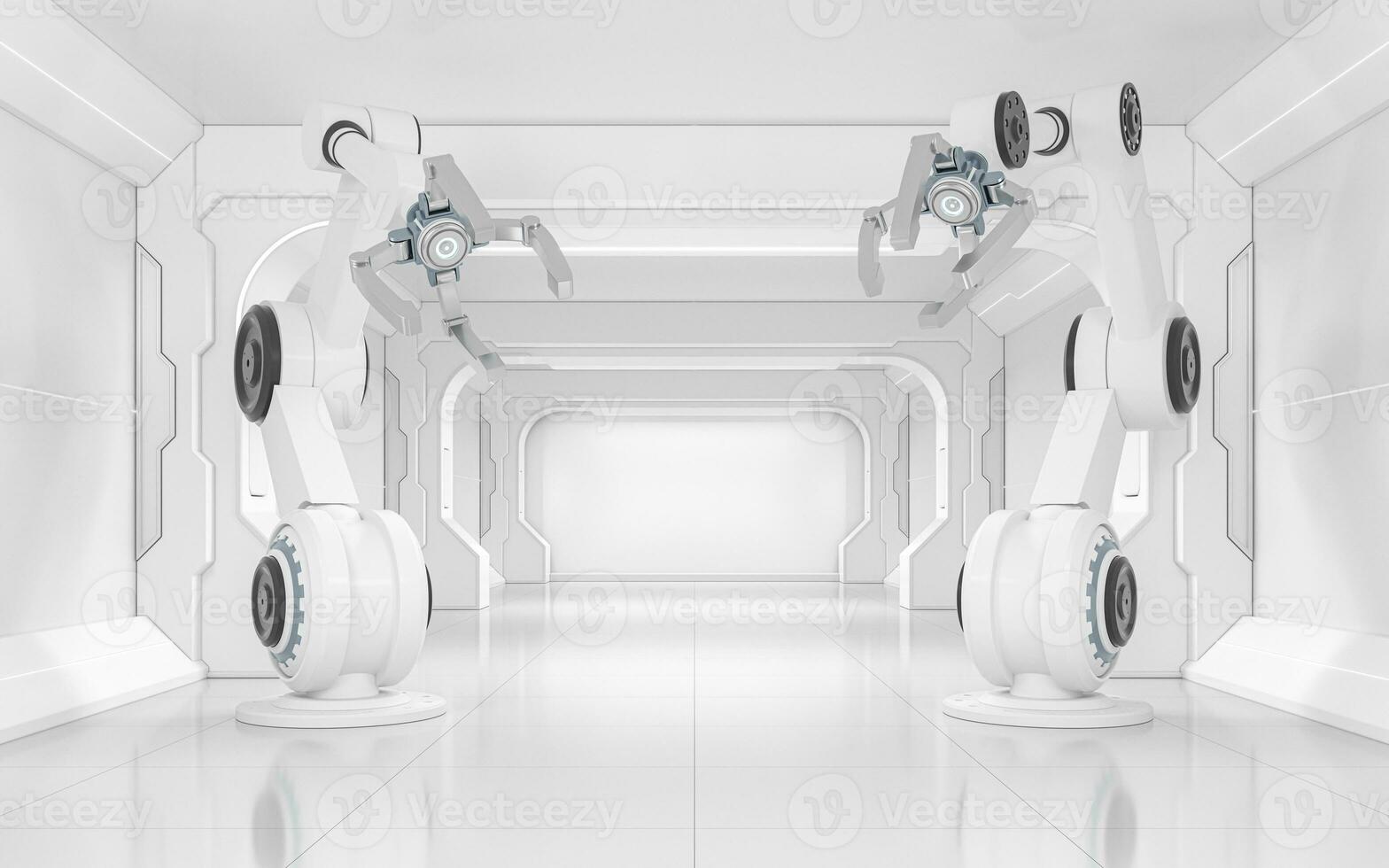 robot armen in de wit futuristische kamer, 3d weergave. foto