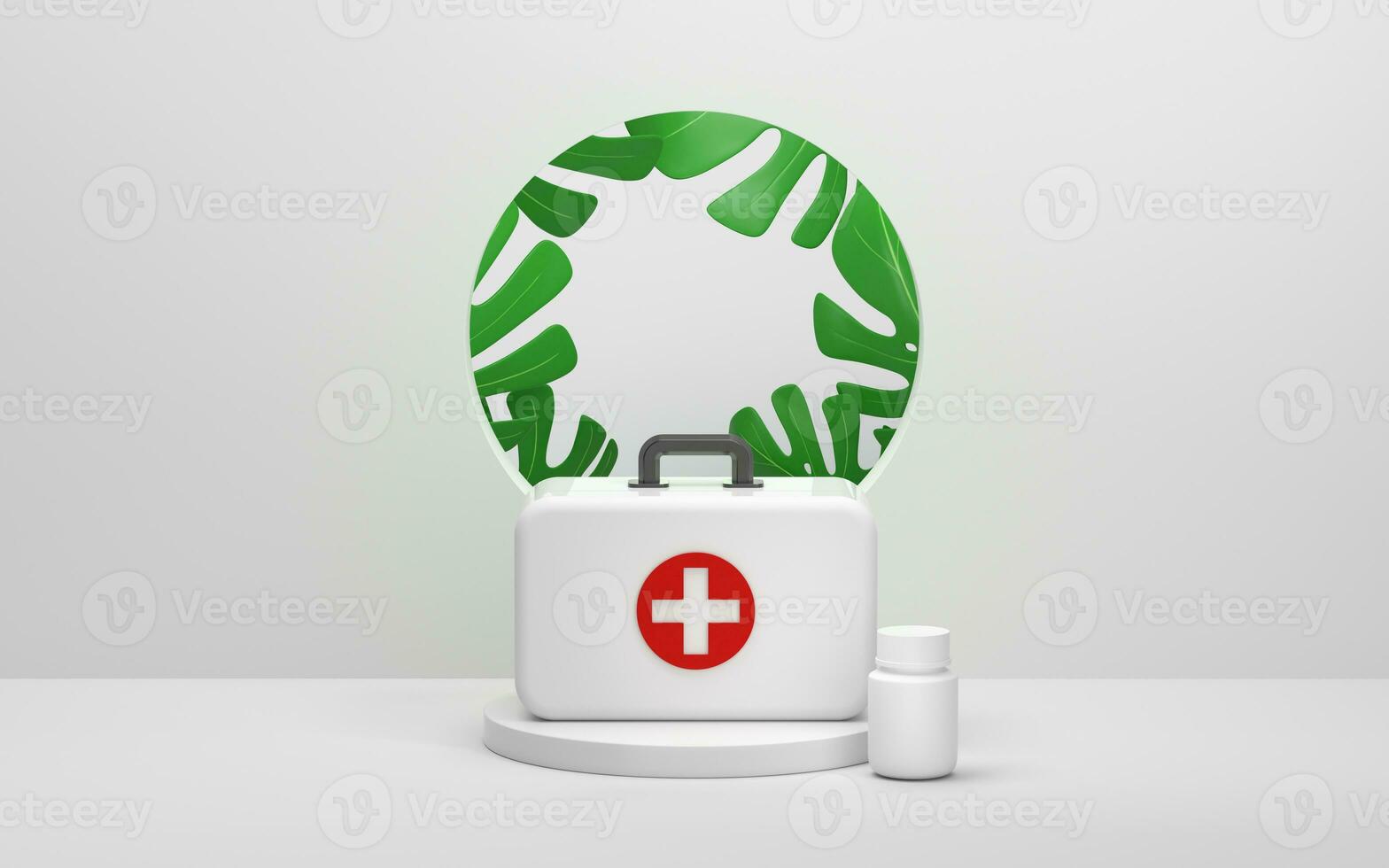 medisch uitrusting en medisch fles in een wit kamer, 3d weergave. foto