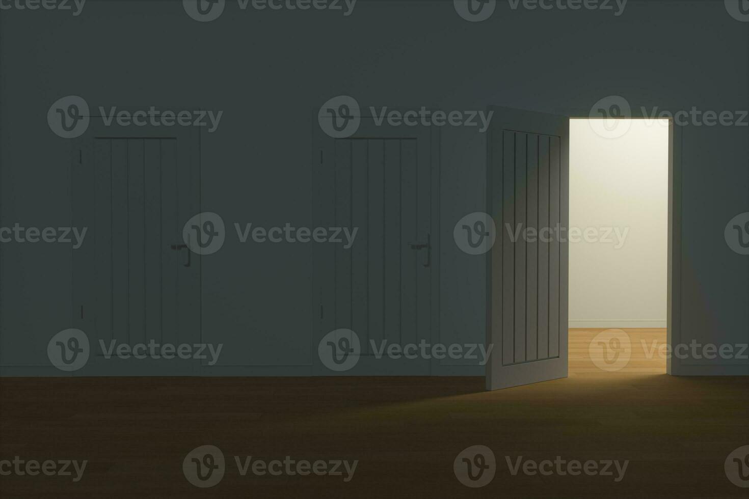 houten deur met wit nacht tafereel, 3d weergave. foto