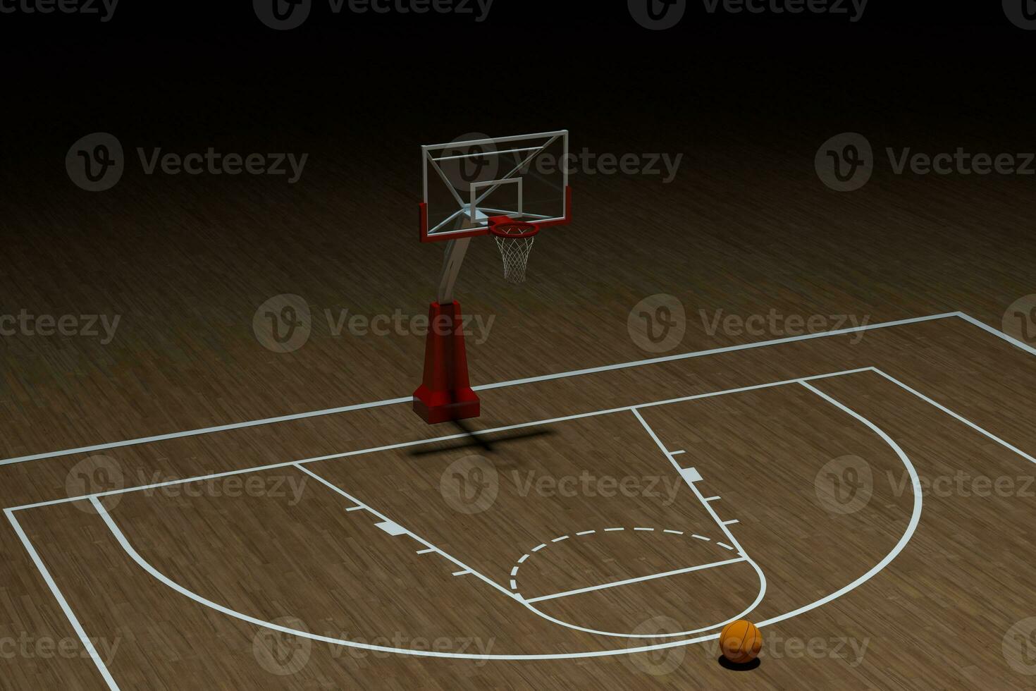 basketbal rechtbank met houten vloer, 3d weergave. foto