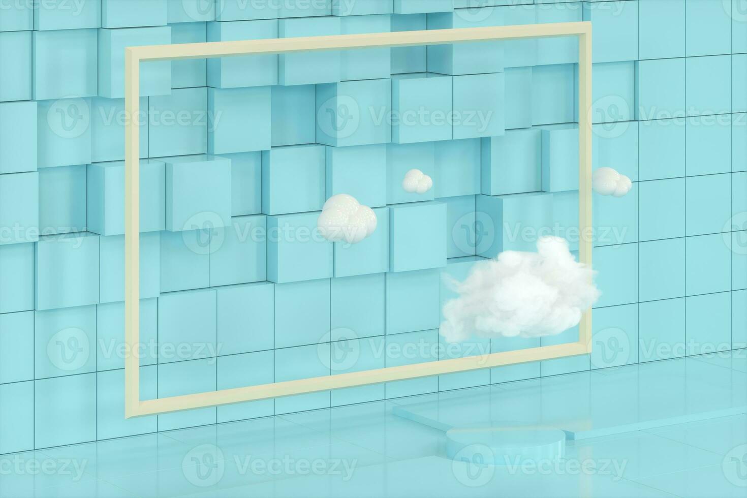 tekenfilm wolken en tekenfilm kubussen, geometrie kamer, 3d weergave. foto