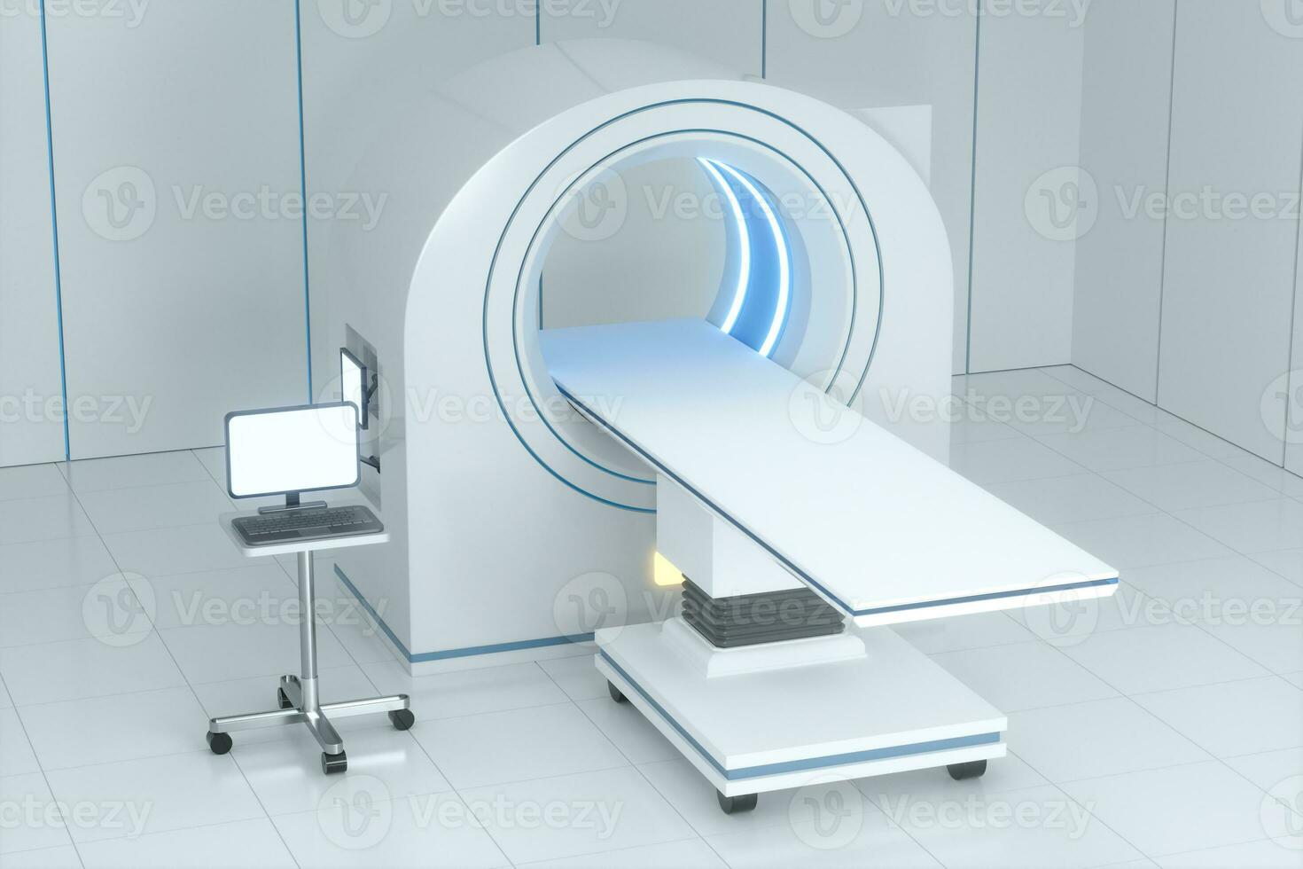 de medisch uitrusting ct machine in de wit leeg kamer, 3d weergave. foto