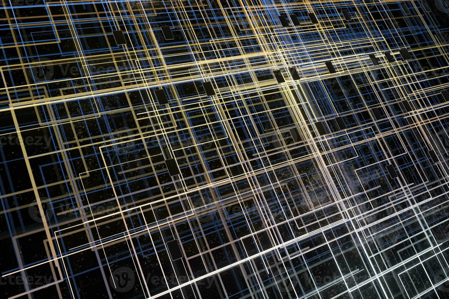 gouden cyber ruimte met gekruiste gloeiend lijnen, 3d weergave. foto