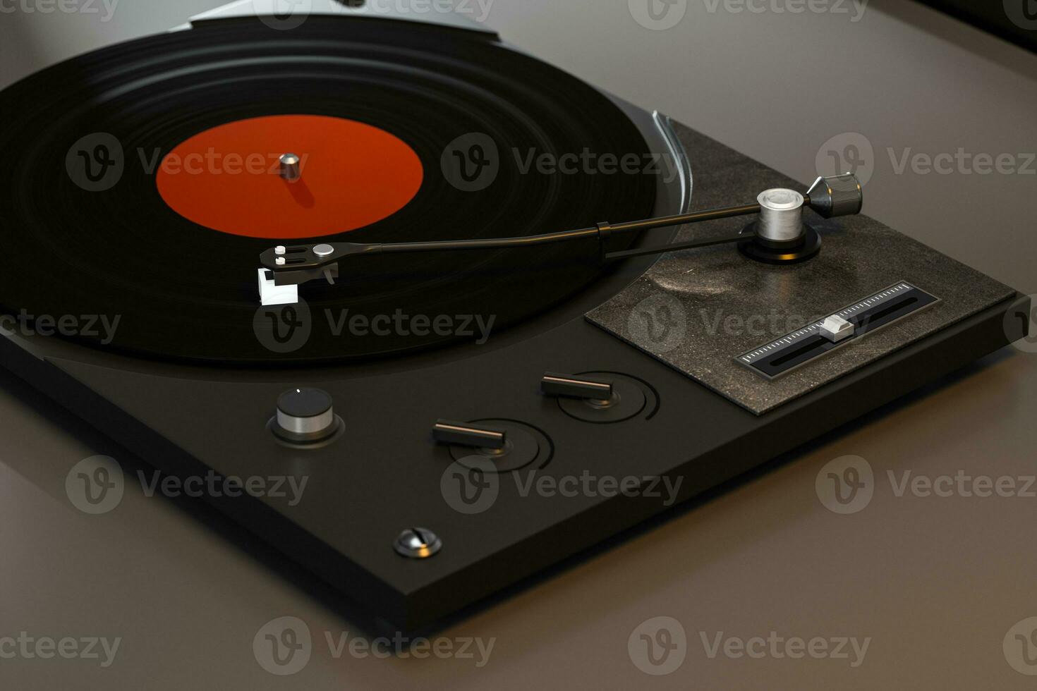 de donker vinyl Vermelding speler Aan de tafel, 3d weergave. foto