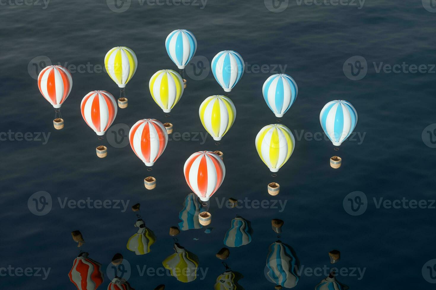 heet lucht ballon vliegend over- de oceaan, 3d weergave. foto