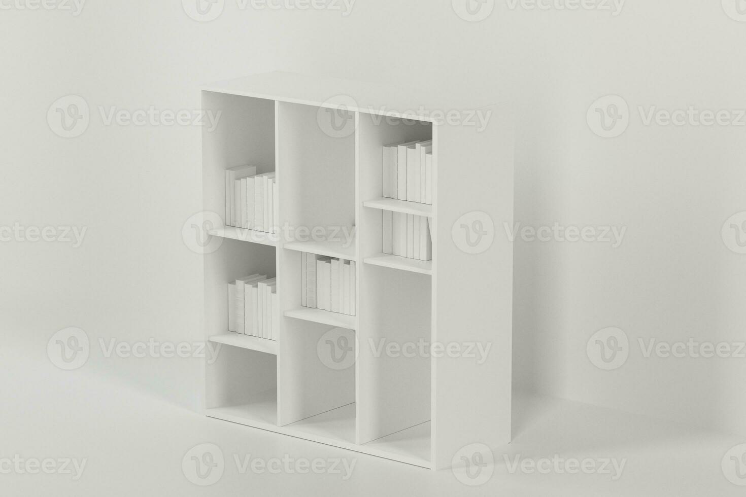 boekenplank met boeken binnen in de leeg nieuw huis, 3d weergave. foto