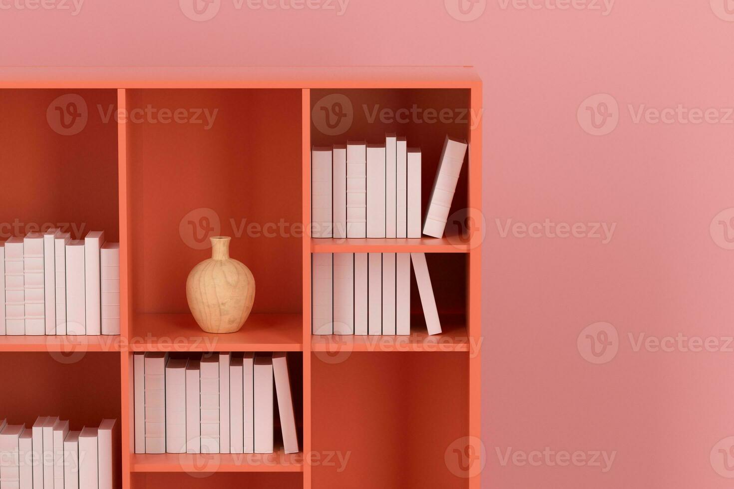 kabinet met boeken en vazen binnen in de leeg nieuw huis, 3d weergave. foto