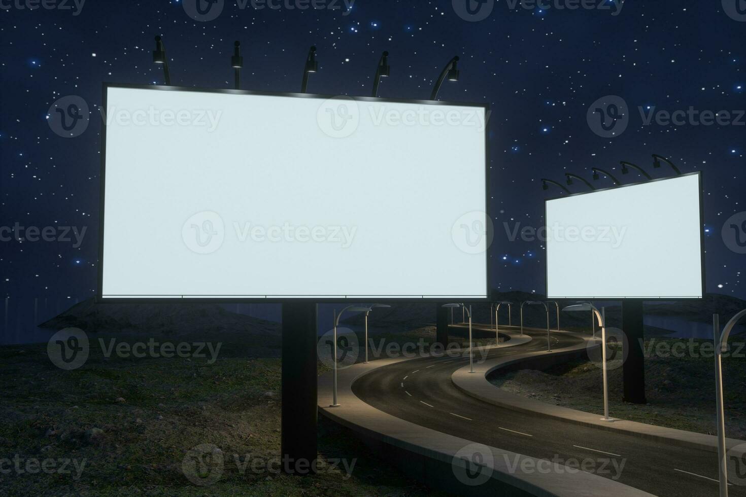 blanco reclame bord en kronkelend weg, 3d renderen foto