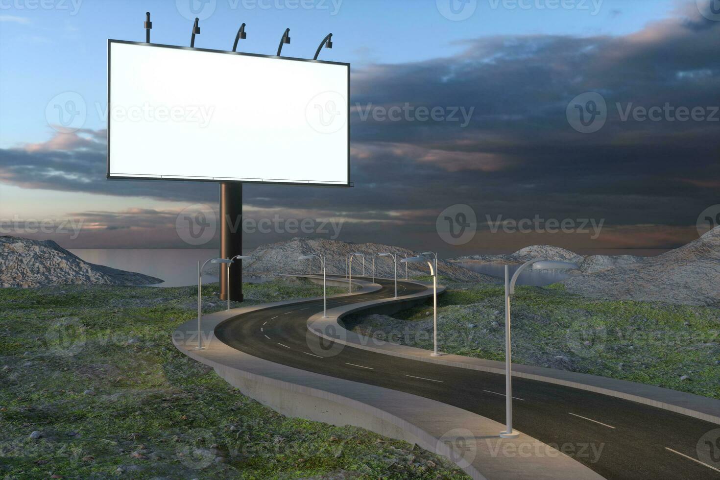 blanco reclame bord en kronkelend weg, 3d renderen foto