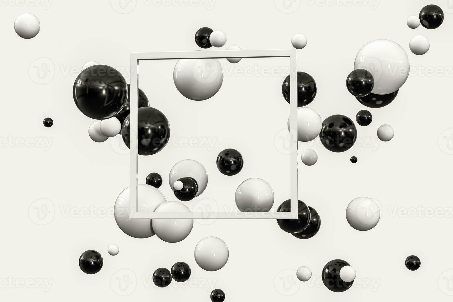 3d weergave, zwart en wit ballen met kader in de midden. foto