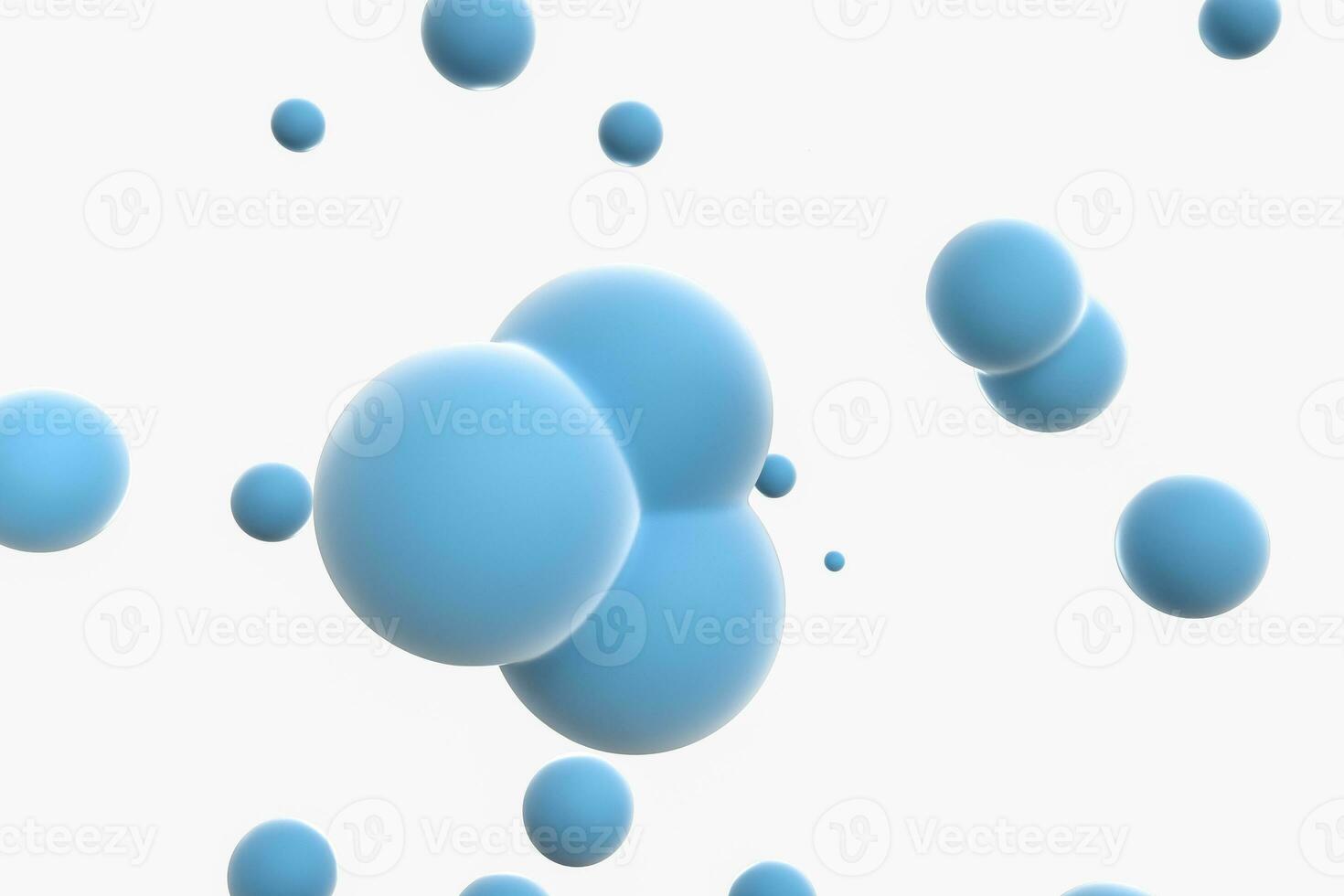 blauw bollen en moleculair model, willekeurig gedistribueerd, 3d weergave. foto
