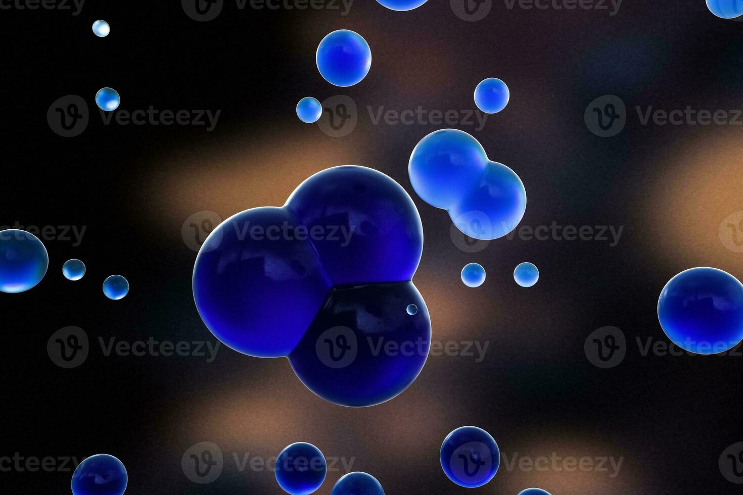 blauw bollen en moleculair model, willekeurig gedistribueerd, 3d weergave. foto