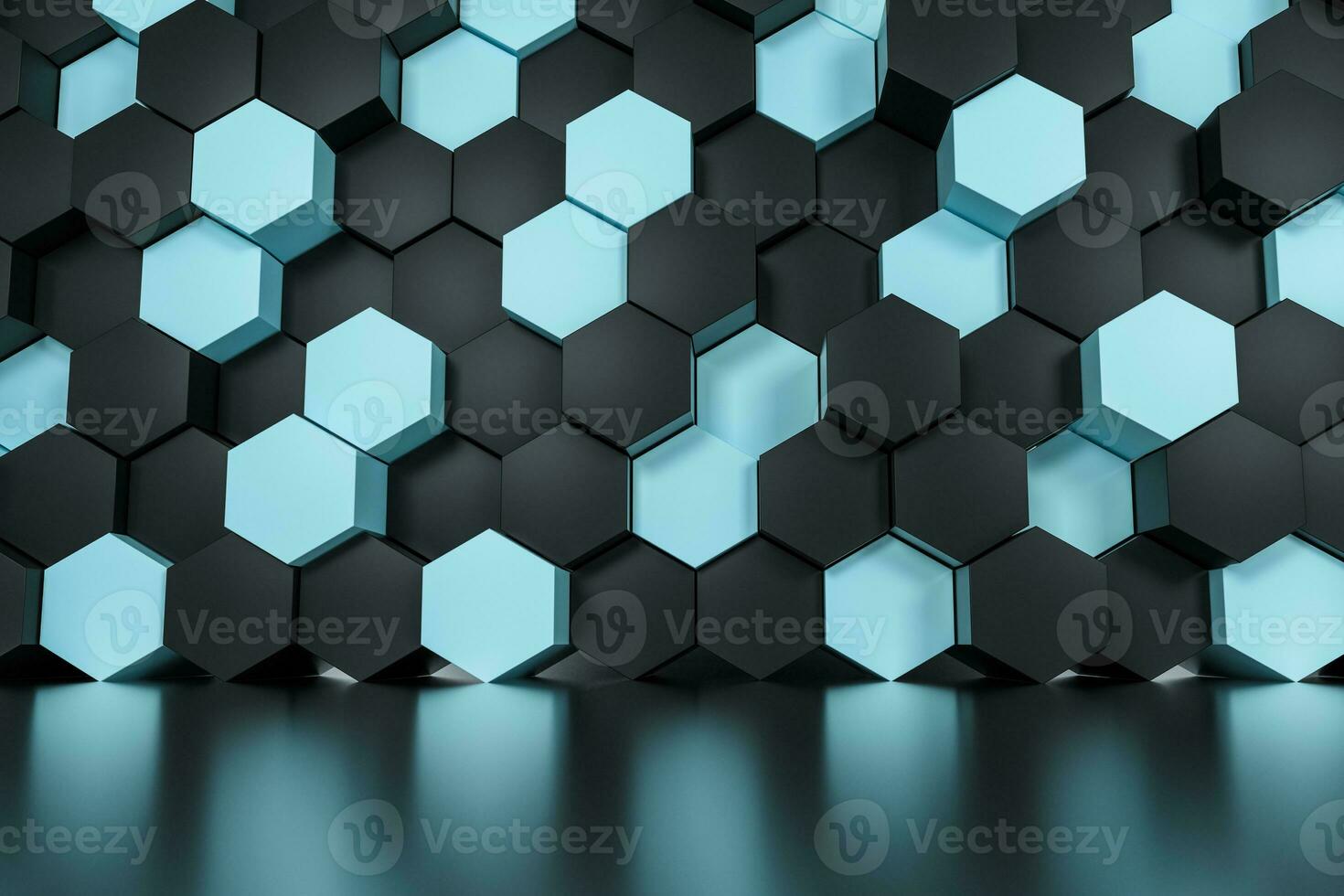 3d weergave, zwart en cyaan zeshoek kubussen. foto