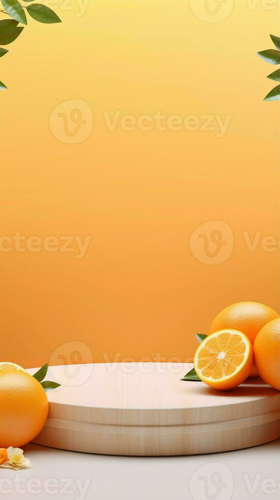 leeg podium Aan licht bouwkundig achtergrond omringd door oranje citroen. abstract achtergrond met minimalistische stijl voor Product merk presentatie. reclame kunstmatig van oranje ingrediënt. foto