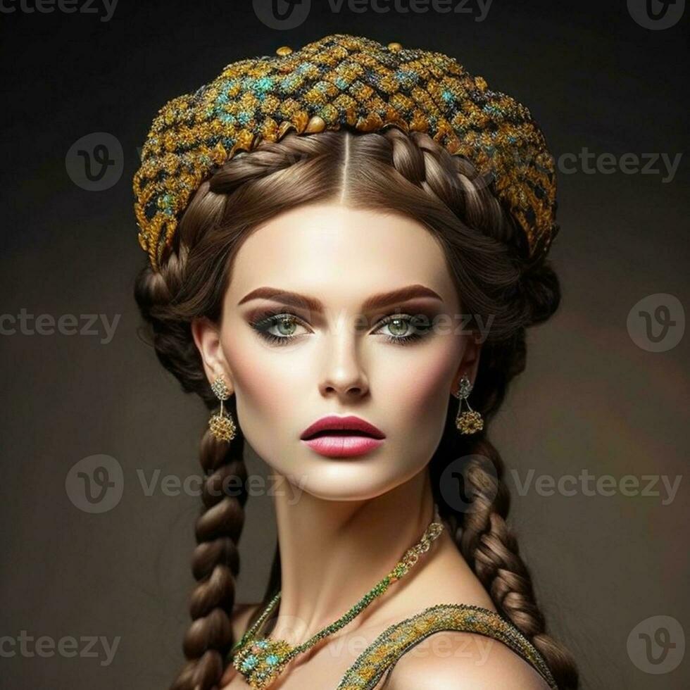 brengen naar leven een boeiend beeld van een vrouw met een gevlochten kroon kapsel, uitstralend elegantie en elegantie, generatief ai. foto