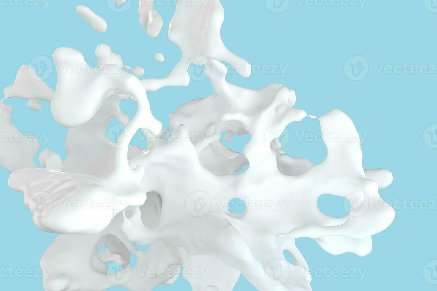 zuiverheid spatten melk met blauw achtergrond, 3d weergave. foto