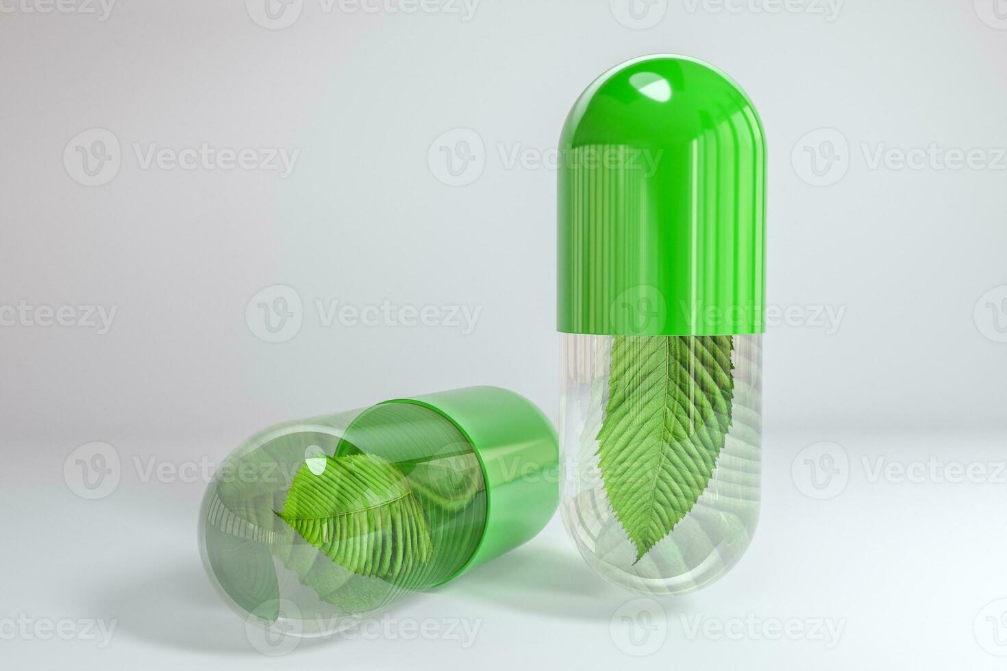 3d weergave, groen capsule met blad in het foto
