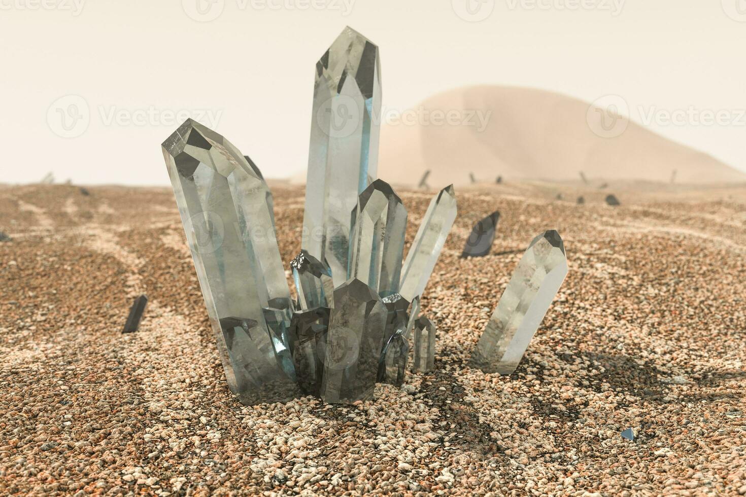een TROS van magie kristal verzamelen samen in de woestijn, 3d weergave. foto