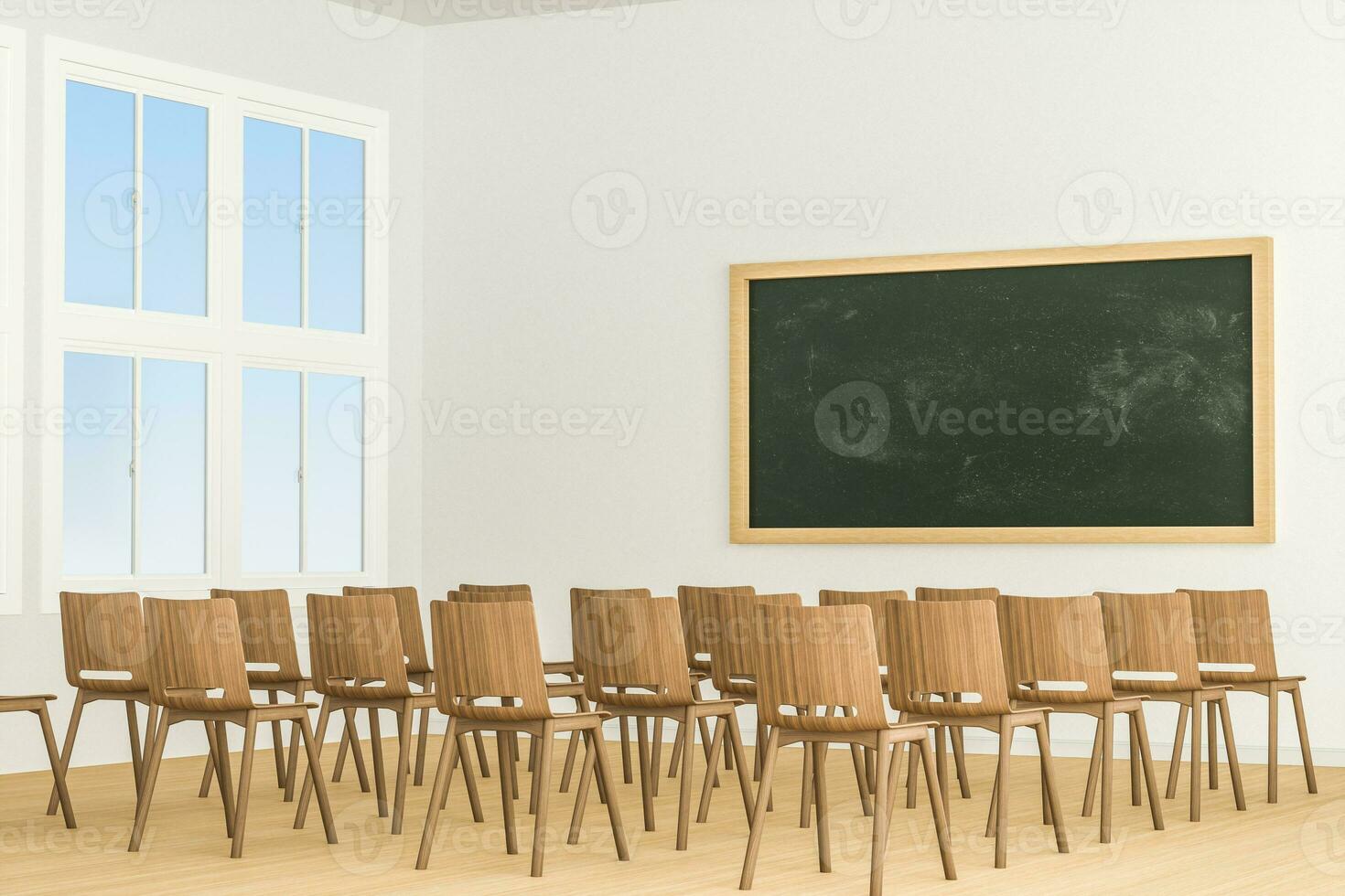 een klas met stoelen binnen en een schoolbord in de voorkant van de kamer, 3d weergave. foto