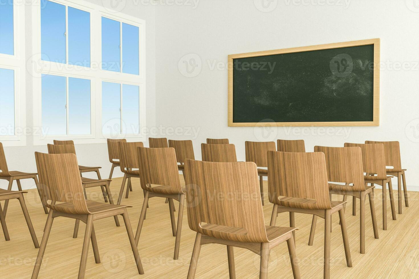 een klas met stoelen binnen en een schoolbord in de voorkant van de kamer, 3d weergave. foto