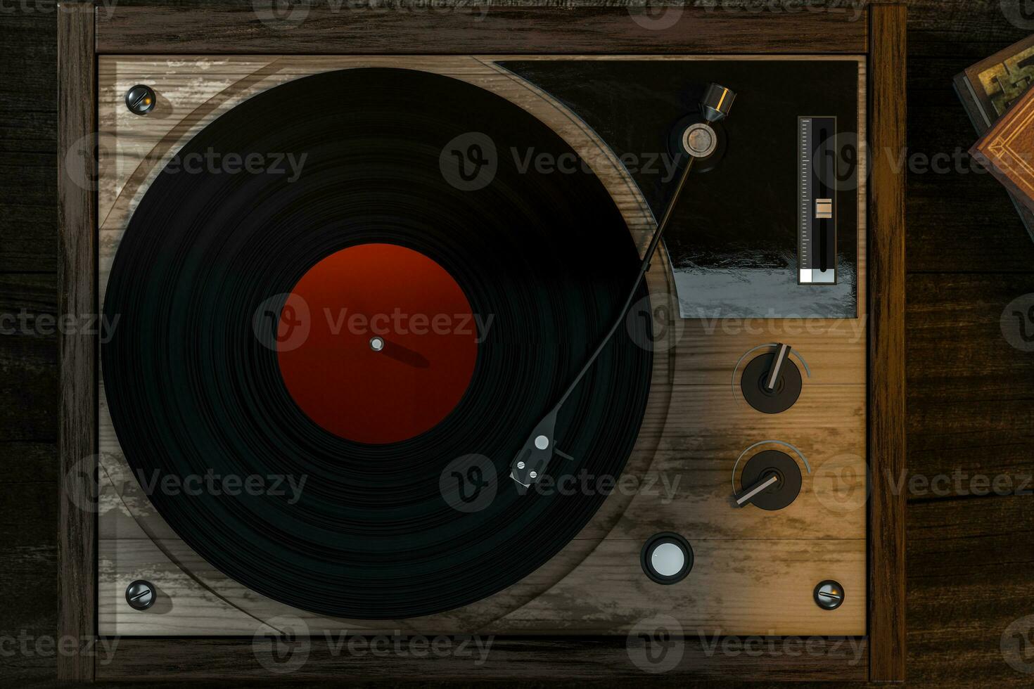 de oud houten vinyl Vermelding speler Aan de tafel, 3d weergave. foto