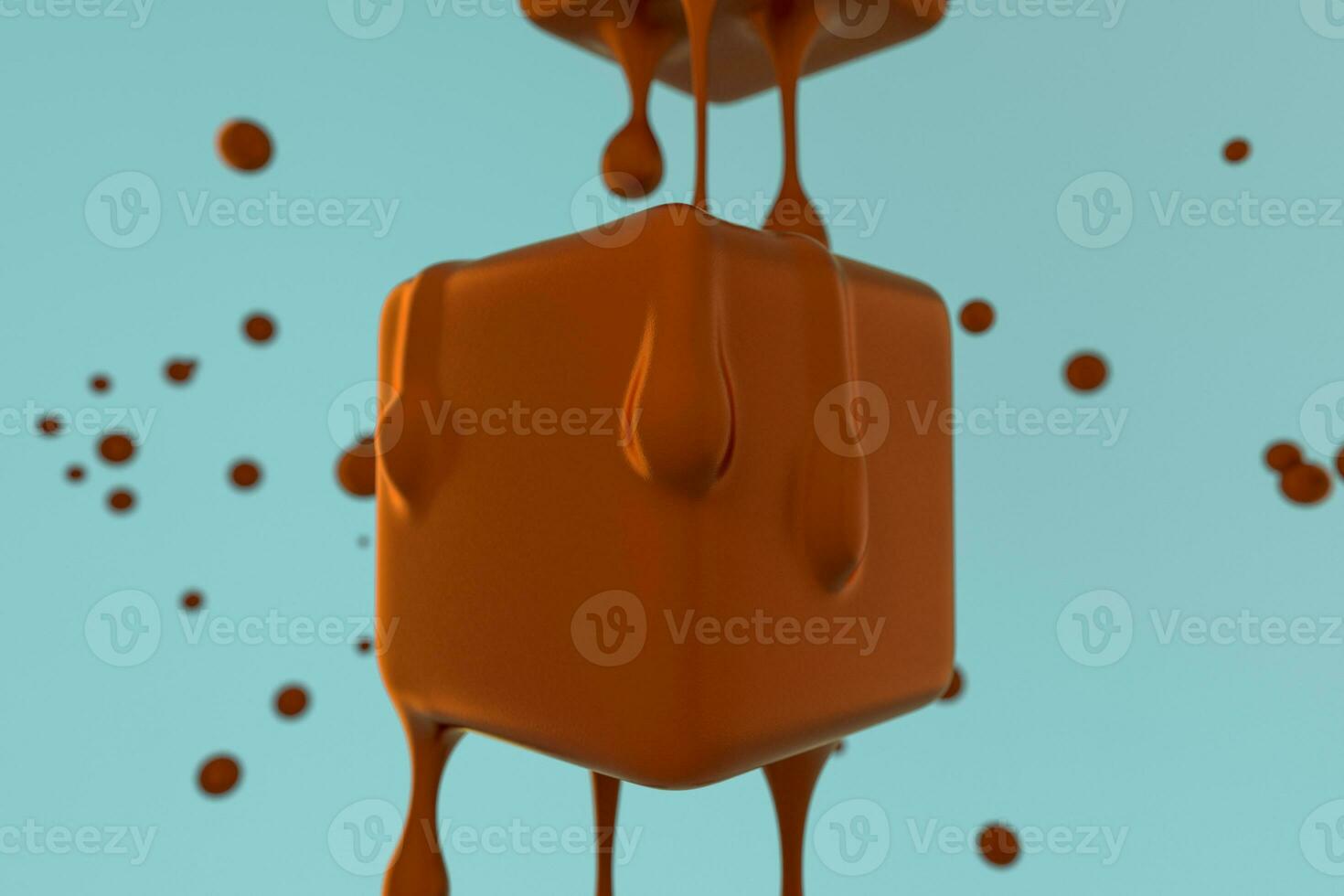 smelten chocola kubus met vloeistof laten vallen details, 3d renderen foto
