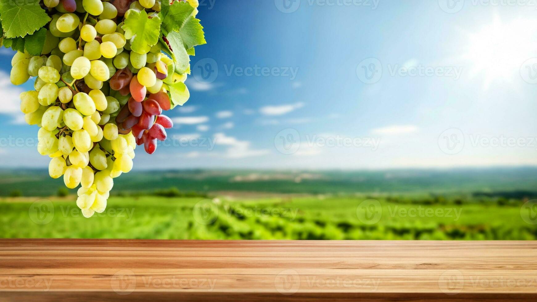 houten tafel met vers rood druiven en vrij ruimte Aan natuur wazig achtergrond, wijngaard veld. gegenereerd ai. foto