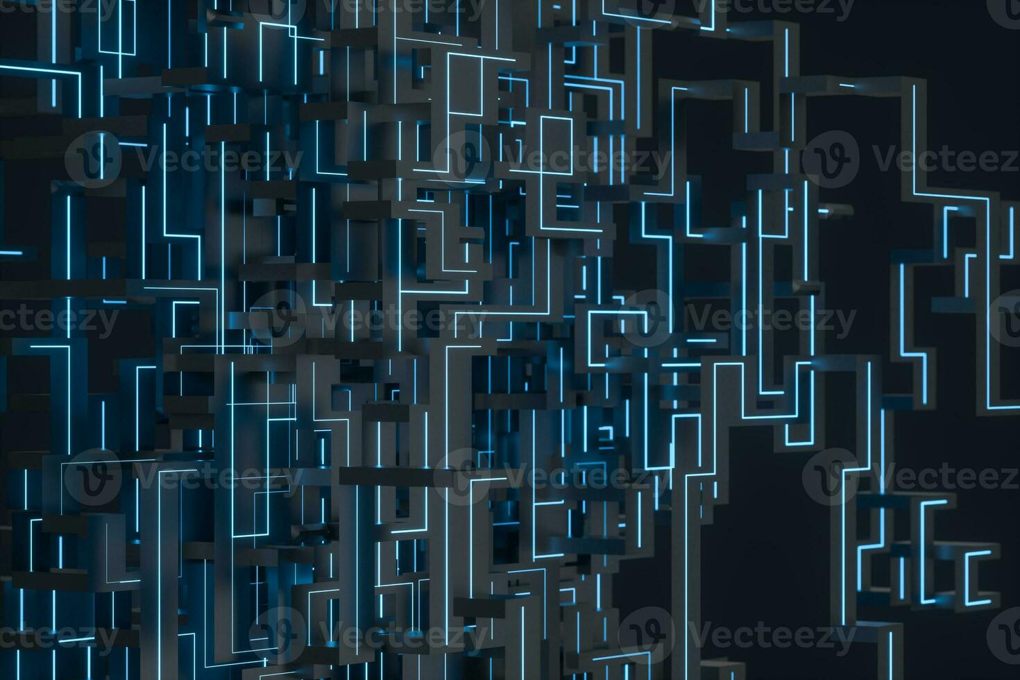 blauw cyber ruimte met gekruiste gloeiend lijnen, 3d weergave. foto