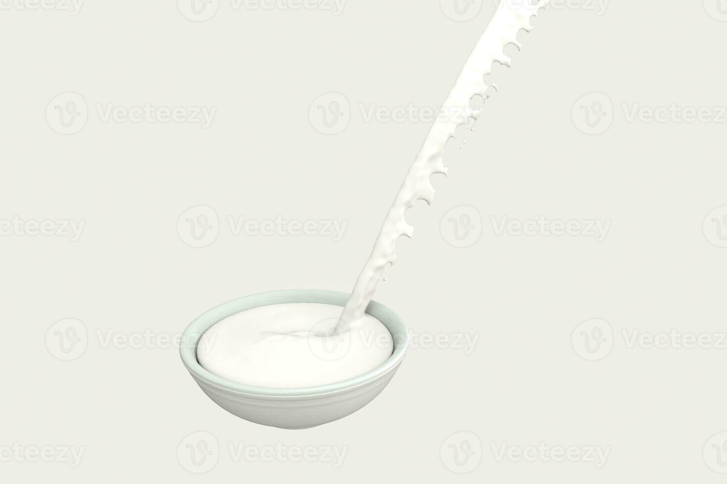 een kom van melk en spatten vloeistof, 3d weergave. foto