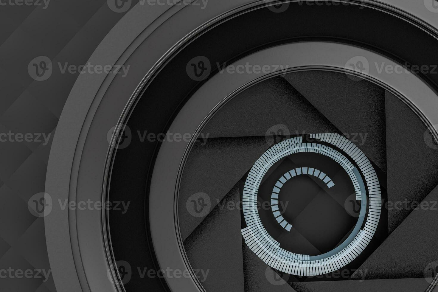 3d weergave, camera lens in een donker studio achtergrond foto