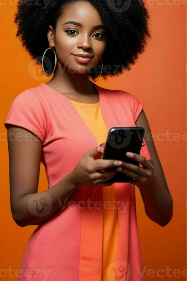verbijsterend vrouw Holding een mobiel telefoon met een helder achtergrond. pro foto