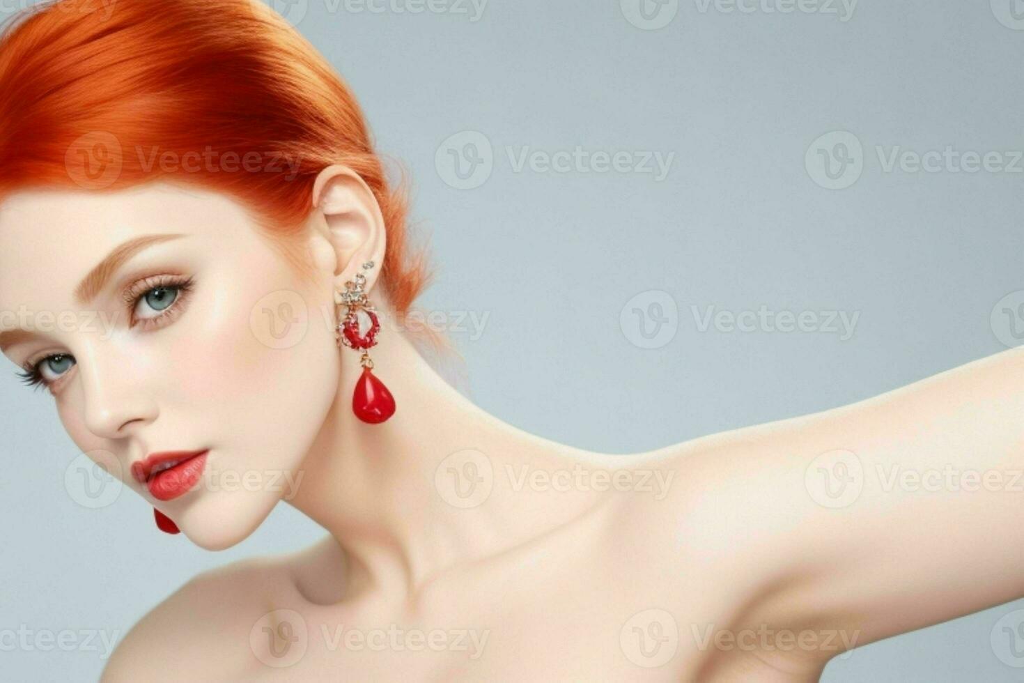 vrouw met kaal schouders pluizig oorbellen sieraden luxe. pro foto