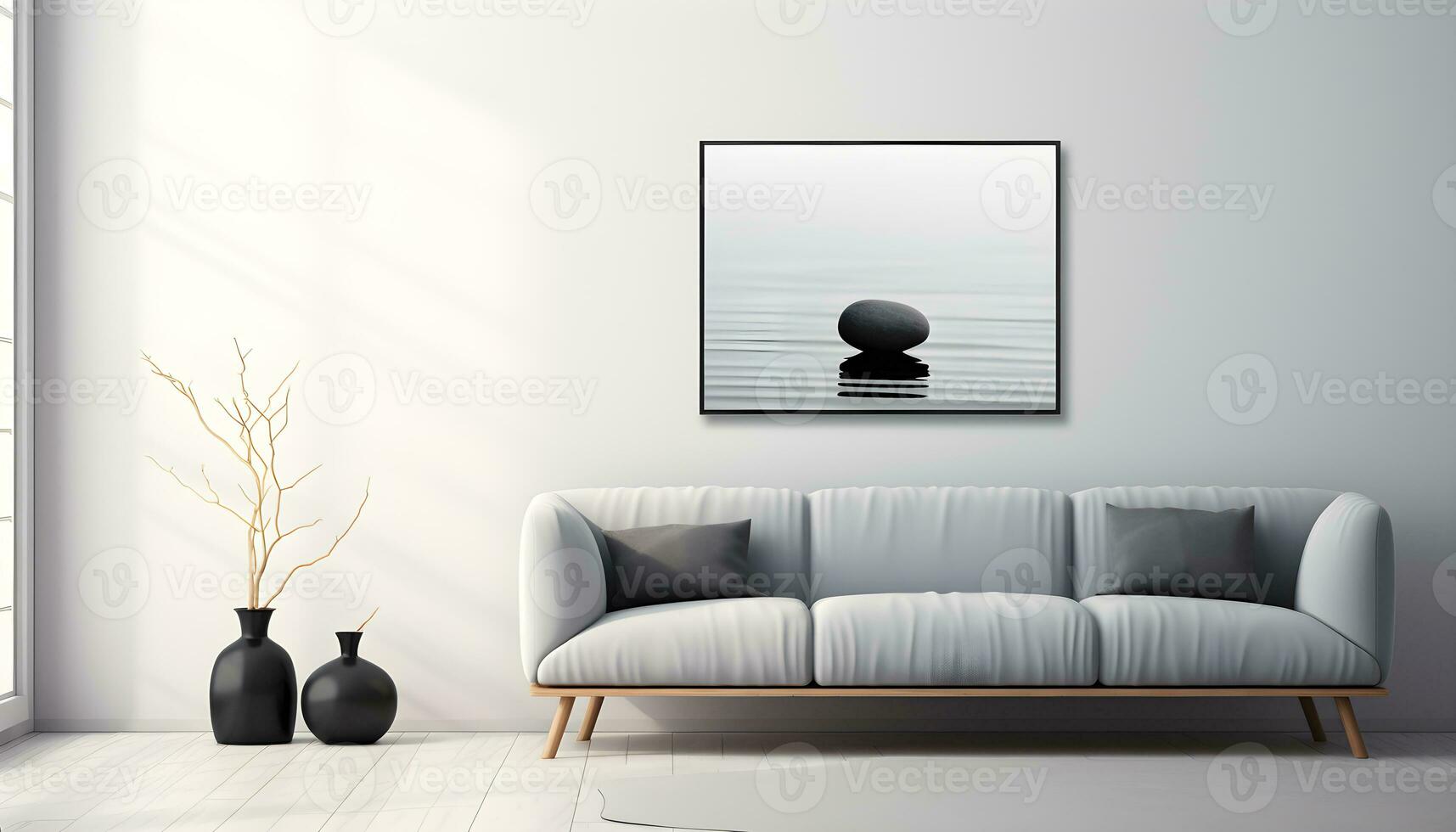 modern helder interieurs. modern leven kamer met wit muren, gemakkelijk bank, fabriek vaas, muur foto kader. modern minimalistische interieur ontwerp. gegenereerd ai illustratie.