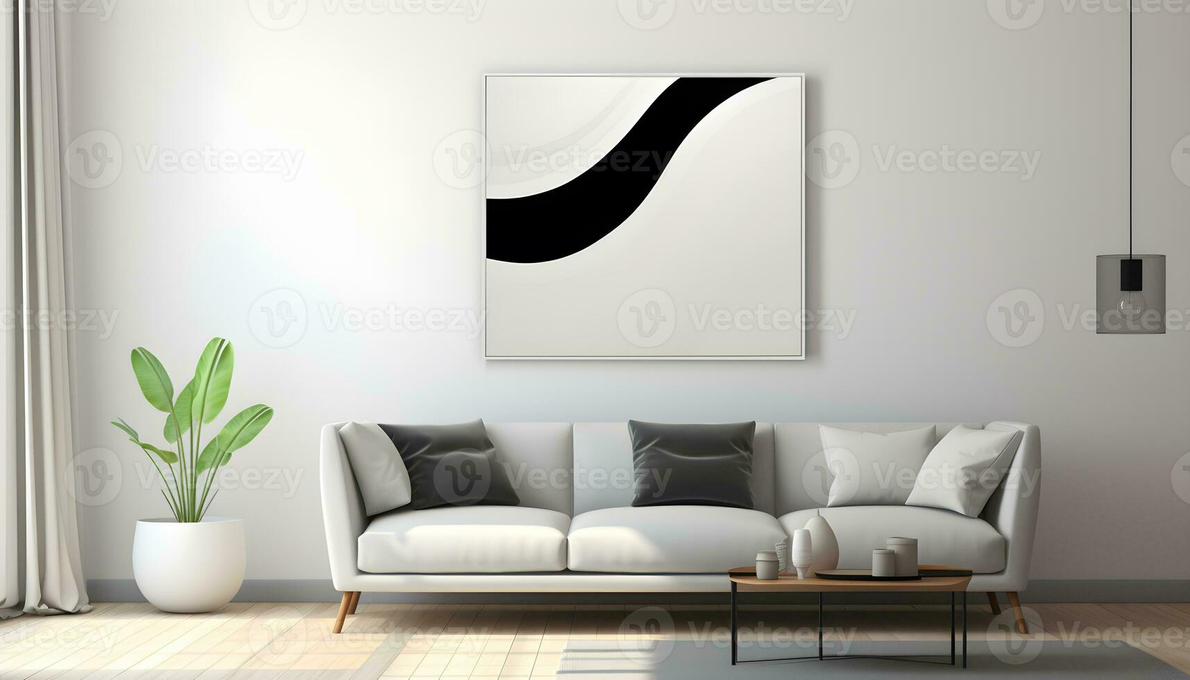 modern helder interieurs. modern leven kamer met wit muren, gemakkelijk bank, fabriek vaas, muur foto kader. modern minimalistische interieur ontwerp. gegenereerd ai illustratie.