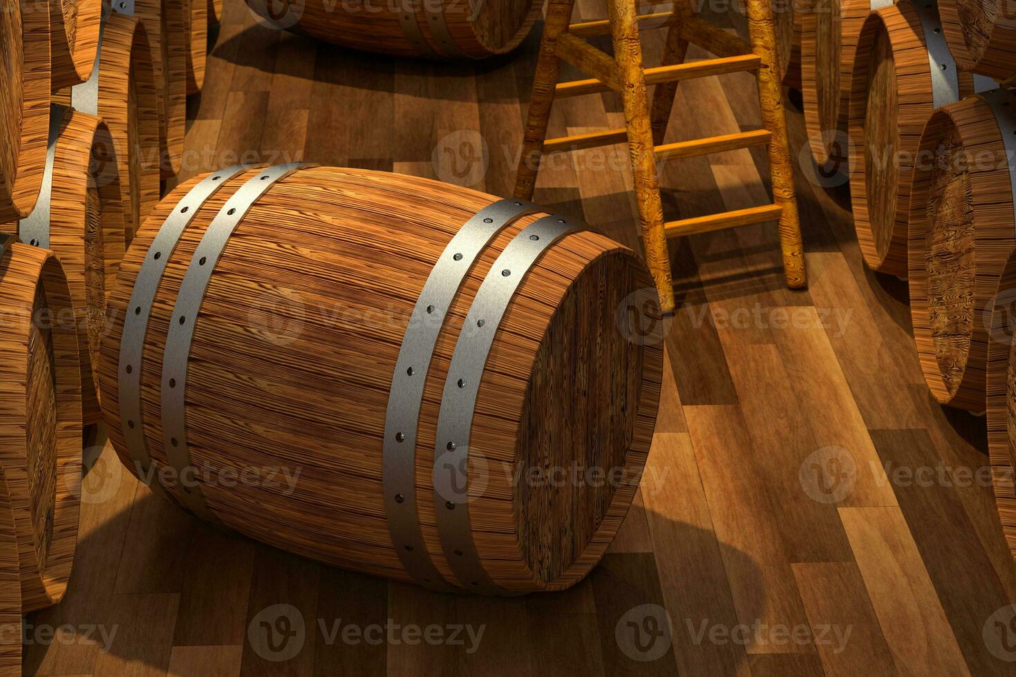 houten kelder met vaten binnen, wijnoogst drank magazijn, 3d weergave. foto