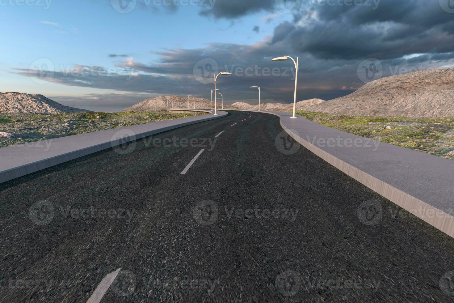 de golvend weg in de uitgestorven buitenwijken, 3d renderen foto