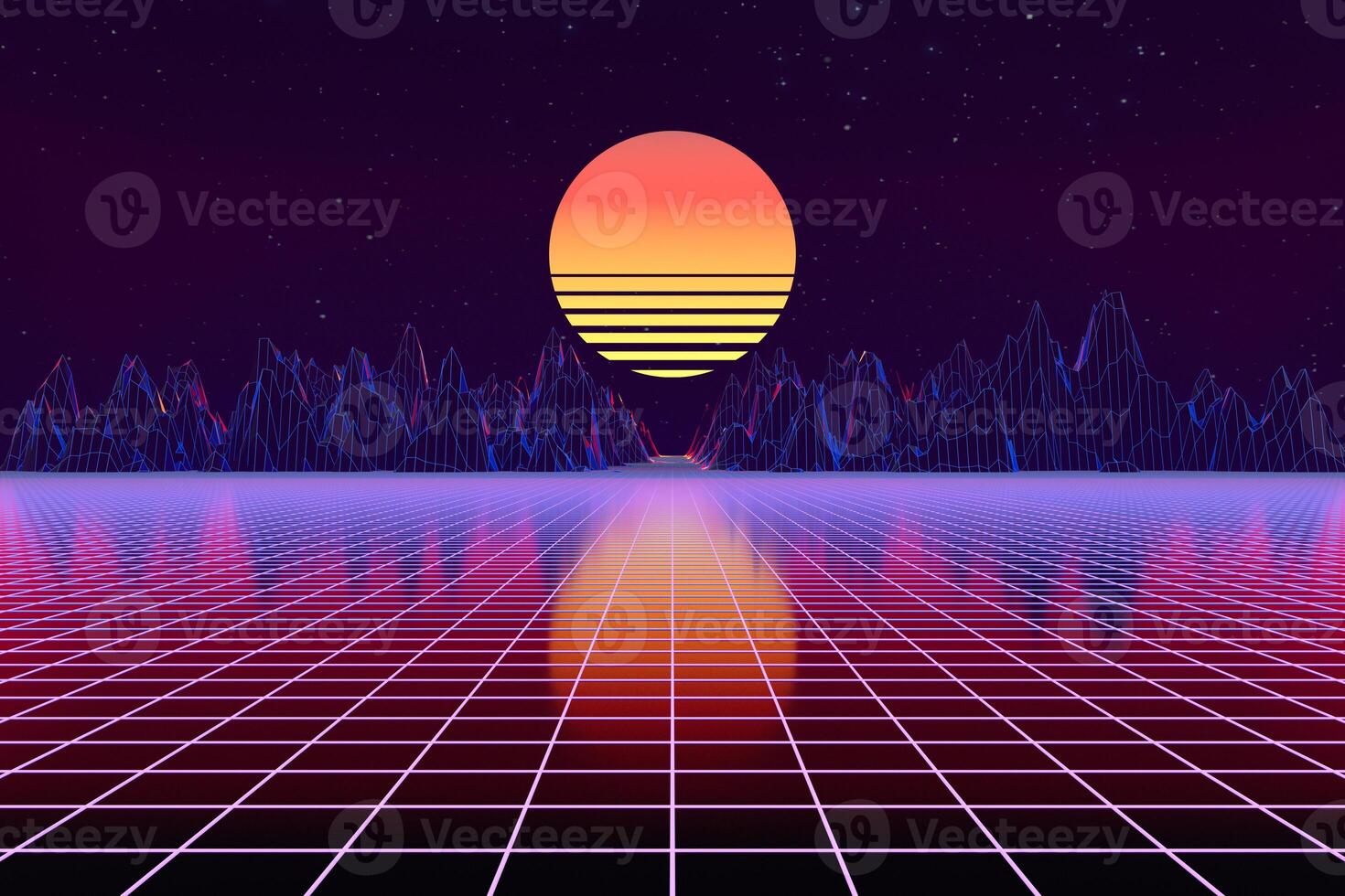 3d achtergrond illustratie geïnspireerd door 80's tafereel synthwave en retrogolf. foto