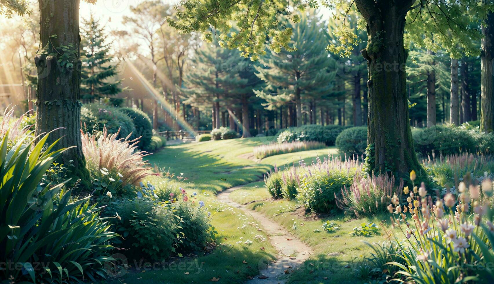 onscherp groen bomen in een sereen Woud met wild gras en zon balken ai gegenereerd foto