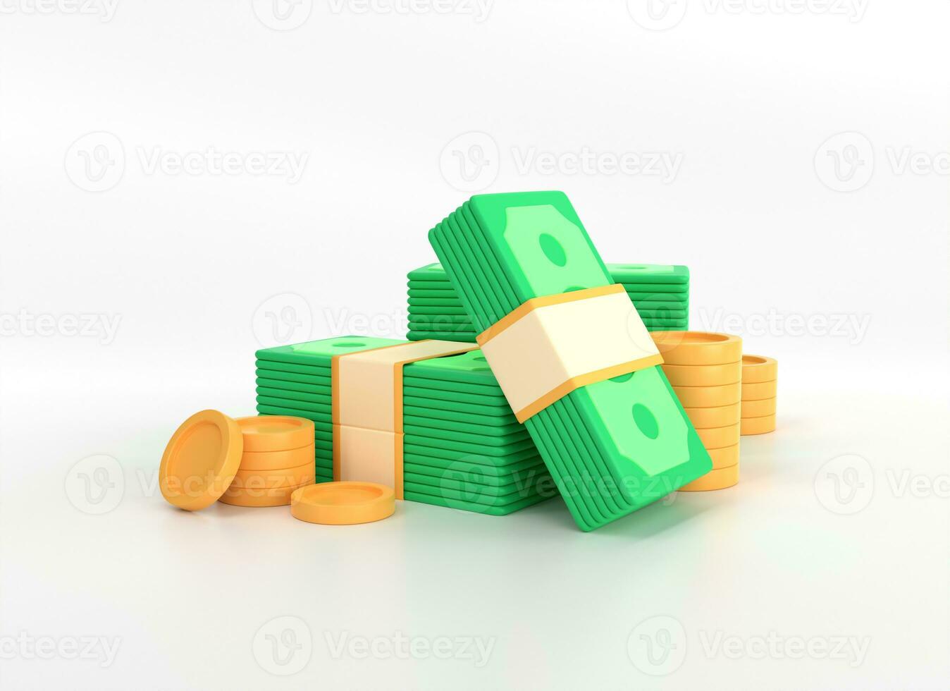3d stack van geld en een stack van goud munten in een minimalistisch tekenfilm stijl. groen bankbiljetten geïsoleerd Aan wit achtergrond.bedrijf en financieel investering concept. 3d renderen illustratie. foto
